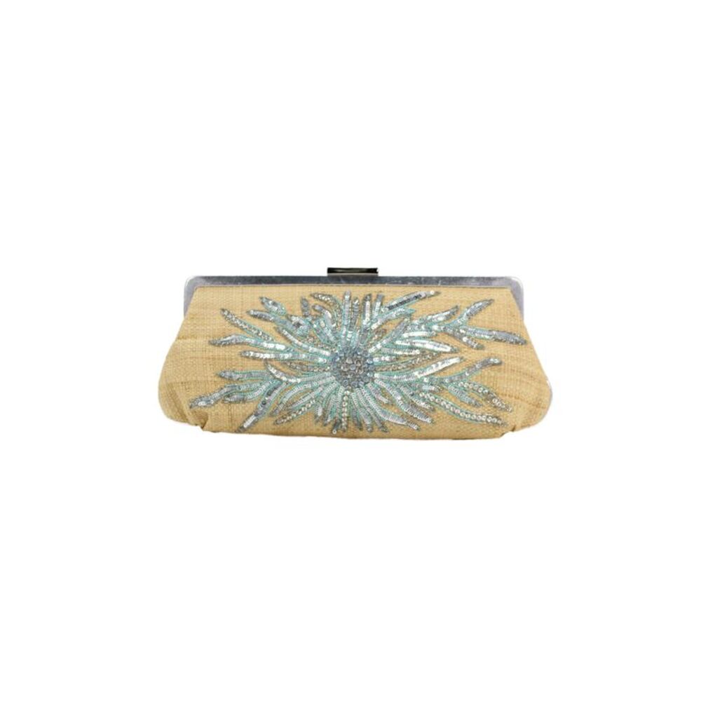 Tiffany & Co Womens Metallic Framed Woven Straw Sequin Clutch Handbag Beige Blue